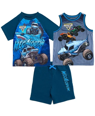 Monster Jam Toddler Boys Grave Digger El Toro Loco Megalodon T-Shirt Tank Top and French Terry Shorts 3 Piece Set to