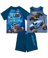 Monster Jam Toddler Boys Grave Digger El Toro Loco Megalodon T-Shirt Tank Top and French Terry Shorts 3 Piece Set to