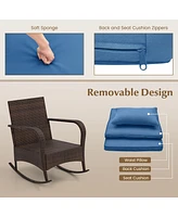 Gymax 3 Piece Outdoor Rocking Set Rattan Rocker Chairs w/ Tempered Glass Coffee Table