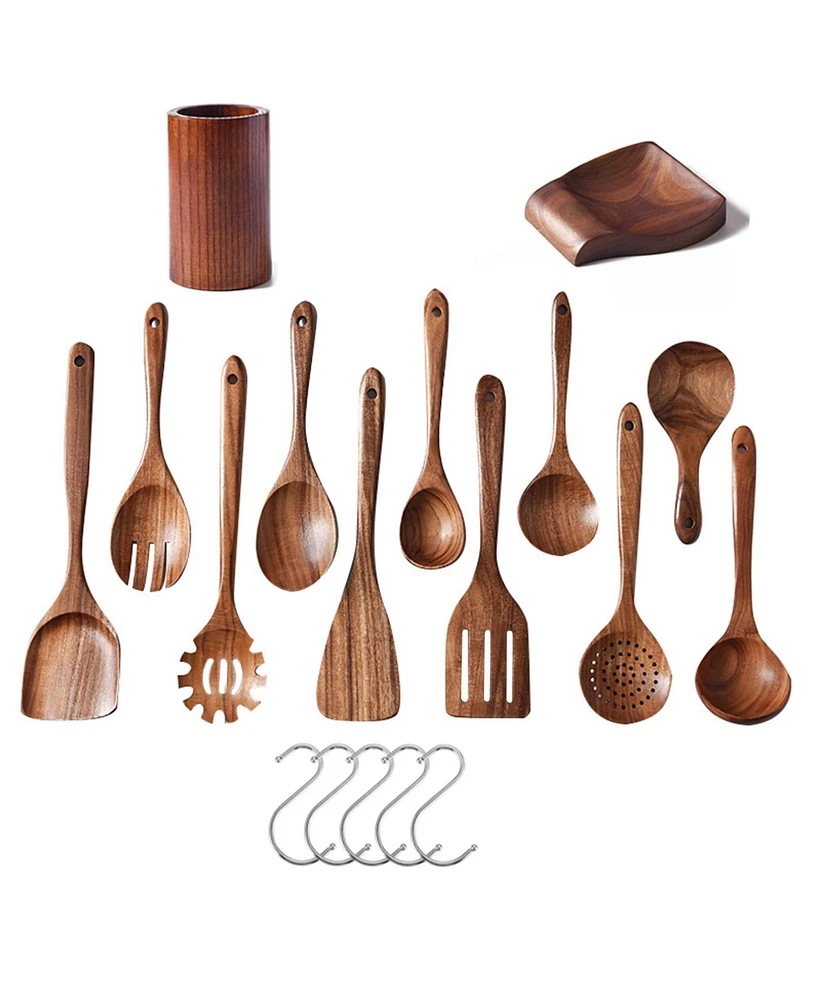 Sugift 13-Piece Wooden Spoons for Cooking, Wooden Spatula Set with Holder, Spoon Rest & Hooks