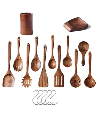Sugift 13-Piece Wooden Spoons for Cooking, Wooden Spatula Set with Holder, Spoon Rest & Hooks