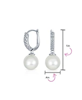 Bling Jewelry Simple Pave Cz Round White Simulated Pearl Drop Ball Huggie Earrings .925 Sterling Silver Hinge Closure