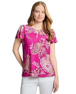 Jones New York Petite Paisley-Print Keyhole Flutter-Sleeve Top
