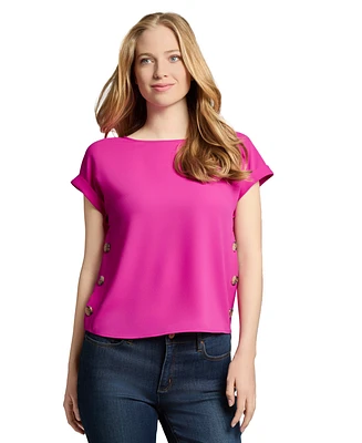 Jones New York Petite Round-Neck Side-Button Short-Sleeve Top
