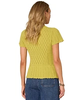 Democracy Petite Crochet Flounce-Sleeve Peplum Sweater