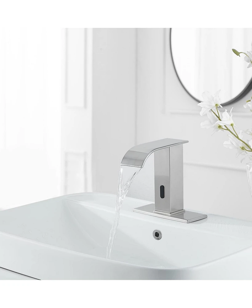 Battery Powered Touchless Single Hole Bathroom Faucet Sensor Deck Mount With Drain Kit Brushed Nickel