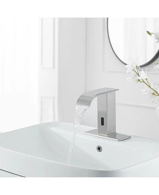 Battery Powered Touchless Single Hole Bathroom Faucet Sensor Deck Mount With Drain Kit Brushed Nickel