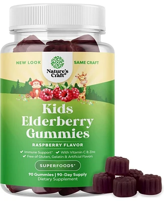 Kids Elderberry Gummies with Zinc & Vitamin C, Daily Immune Support Gummies | Raspberry Flavor | 90ct