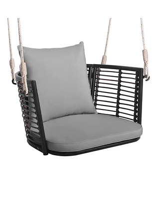 Single Person Hanging Seat with Woven Rattan Backrest for Backyard