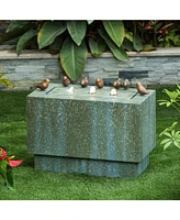 LuxenHome Patina Gray/Green Resin Rectangular Bubbler Outdoor Fountain with Led Lights and Bronze Birds