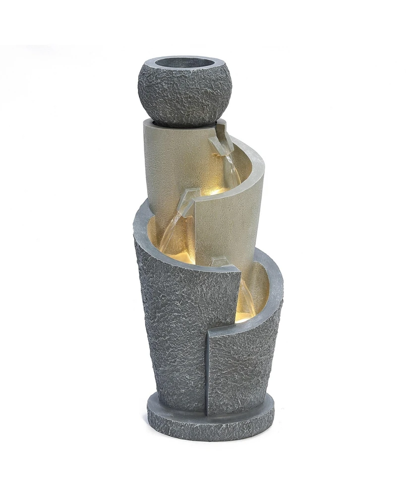 LuxenHome Gray Resin Cascading Spiral Outdoor Fountain with Led Lights