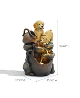 LuxenHome Puppy Friends Farmhouse Resin Outdoor Fountain with Lights