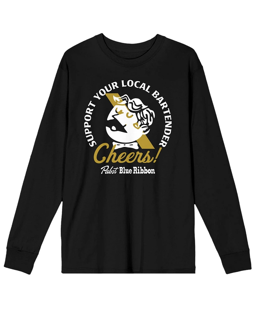 Pabst Blue Ribbon Men's Cheers Support Your Local Bartender Pbr World Logo Black Long Sleeve Shirt-3XL