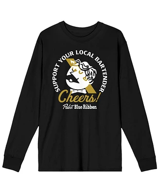 Pabst Blue Ribbon Men's Cheers Support Your Local Bartender Pbr World Logo Black Long Sleeve Shirt-3XL