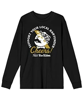 Pabst Blue Ribbon Men's Cheers Support Your Local Bartender Pbr World Logo Black Long Sleeve Shirt-3XL