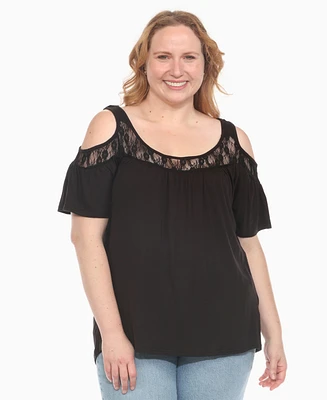 White Mark Plus Cold Shoulder Lace Trim Knit Top