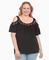 White Mark Plus Cold Shoulder Lace Trim Knit Top