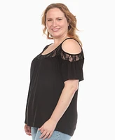 White Mark Plus Cold Shoulder Lace Trim Knit Top