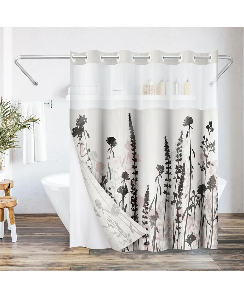 Americanflat 72x75 Hookless Shower Curtain - Floral Cream and Shower Curtain with Sheer Panel, Snap-In Liner, and Grommets