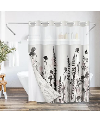 Americanflat 72x75 Hookless Shower Curtain - Floral Cream and Shower Curtain with Sheer Panel, Snap-In Liner, and Grommets