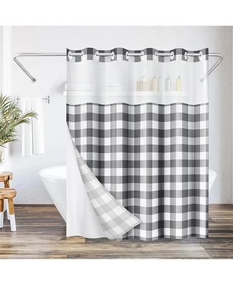 Americanflat 72x75 Hookless Shower Curtain - Gray Plaid Shower Curtain with Sheer Panel, Snap-In Liner, and Grommets - 100% Polyester