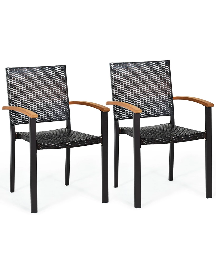 Gymax 2PCS Stackable Patio Wicker Dining Chair Rattan Armchair Outdoor Yard