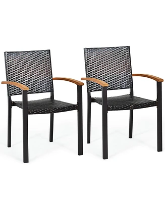 Gymax 2PCS Stackable Patio Wicker Dining Chair Rattan Armchair Outdoor Yard