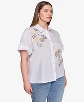 Karl Lagerfeld Paris Plus Cotton Floral-Detail Roll-Tab Shirt