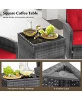 5 Piece Patio Rattan Furniture with 2 Ottomans and Tempered Glass Coffee Table-Red