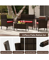 4 Piece Patio Rattan Conversation Set with Cozy Seat Cushions