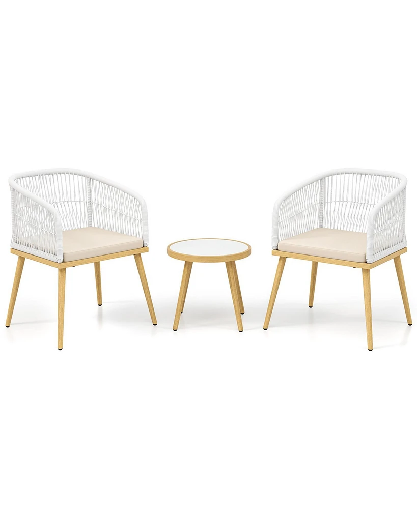 3 Pieces Outdoor Bistro Pe Wicker Conversation Furniture Set-White