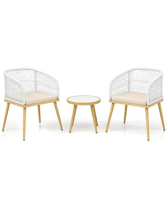 3 Pieces Outdoor Bistro Pe Wicker Conversation Furniture Set-White