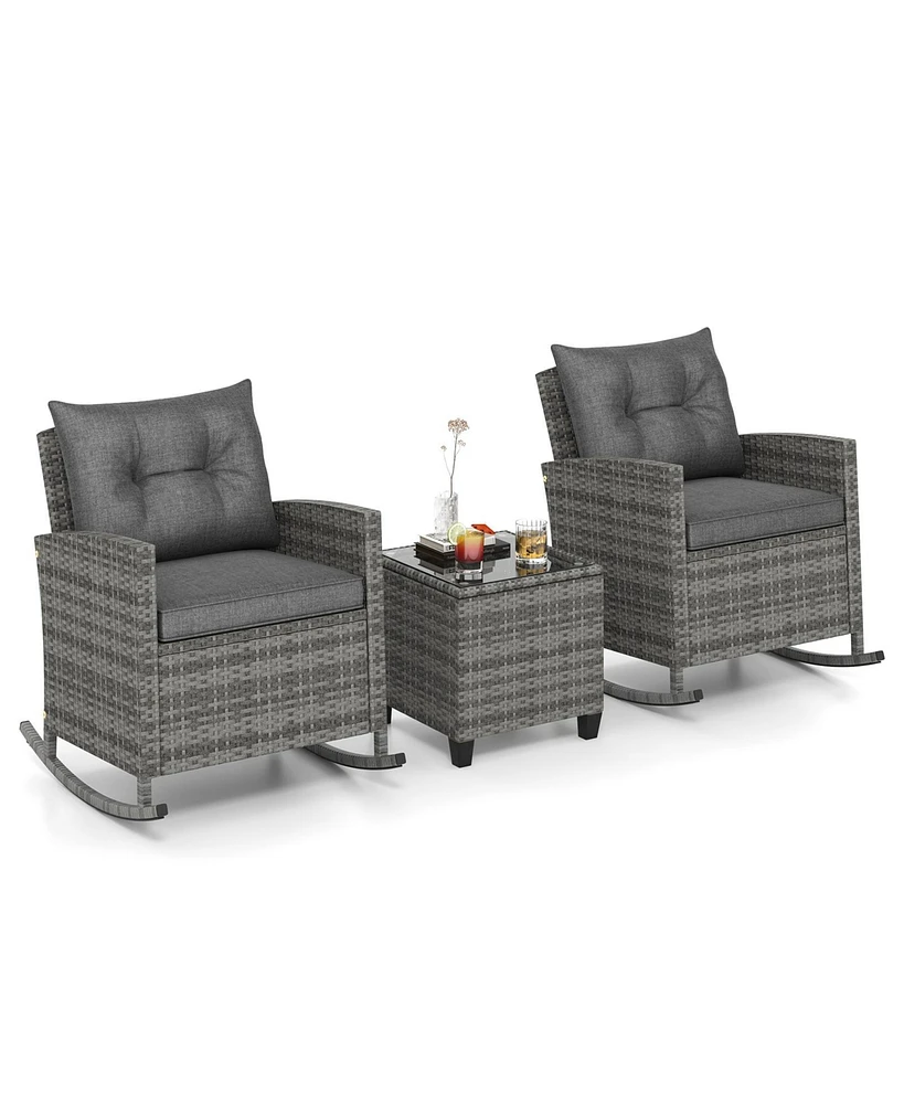 3-Piece Patio Rattan Roker Chairs with Tempered Glass Table and Soft Cushions
