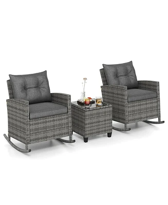 3-Piece Patio Rattan Roker Chairs with Tempered Glass Table and Soft Cushions