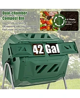 43 Gallon Rotating Compost Bin Barrel with Dual Chamber and Sliding Doors-Green