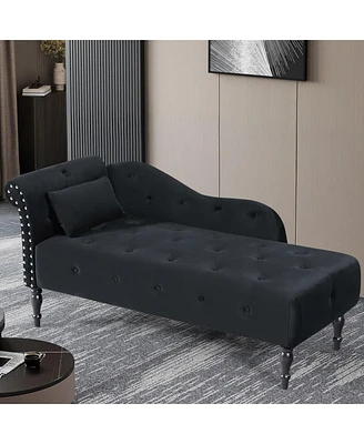 60 Inch Velvet Tufted Chaise Lounge with Nailhead Trim Solid Wood Legs and Pillow for Living Room Bedroom Reading or Relaxing-The Pop Home