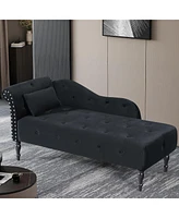 60 Inch Velvet Tufted Chaise Lounge with Nailhead Trim Solid Wood Legs and Pillow for Living Room Bedroom Reading or Relaxing-The Pop Home