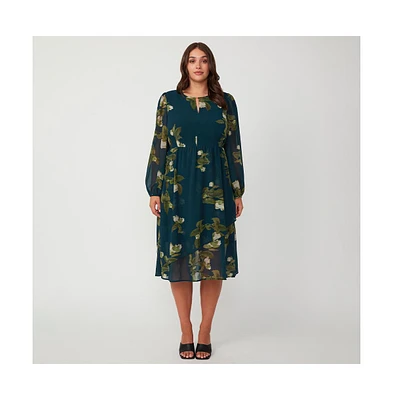 Summit Bloom Navy Long Sleeve Midi Dress