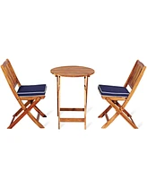 Gymax 3PCS Folding Acacia Wood Bistro Set Patio Conversation Set w/ Cushions