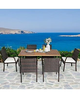 Gymax 7PCS Patio Dining Furniture Set w/ Wooden Tabletop Cushion Umbrella Hole