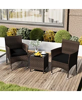 3 Pieces Outdoor Conversation Set with Cushioned Seat and Glass Tabletop-Black