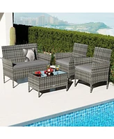 4 Piece Patio Rattan Conversation Set with Cozy Seat Cushions-Light Gray