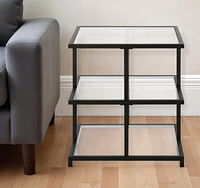 Contemporary Square End Table with Tempered Glass Top and Dual Shelves