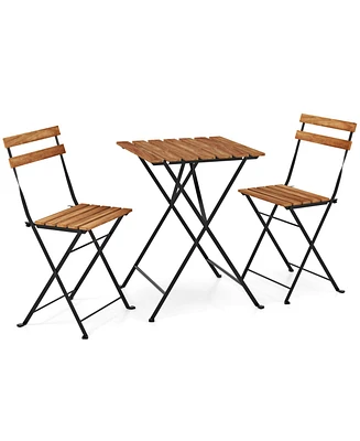 3 Piece Patio Acacia Wood Bistro Set with Slatted Seat and Tabletop-Brown