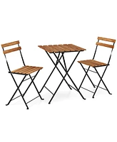 3 Piece Patio Acacia Wood Bistro Set with Slatted Seat and Tabletop-Brown