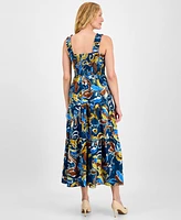 Anne Klein Women's Printed Smocked Cotton Sleeveless Maxi Dress