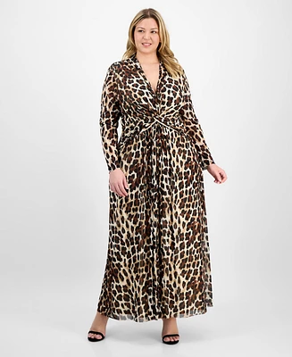 Anne Klein Plus Printed Mesh Long-Sleeve Maxi Dress