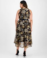 Tahari Asl Plus Embroidered-Mesh Tie-Waist Dress