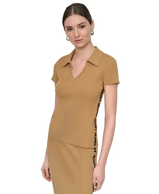 Dkny Jeans Women's V-Neck Side-Logo Rib-Knit Short Sleeve Polo Top - W9B