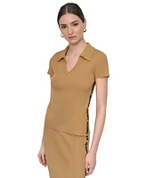 Dkny Jeans Women's V-Neck Side-Logo Rib-Knit Short Sleeve Polo Top - W9B